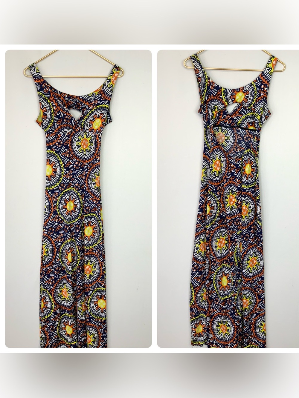 Karina Grimaldi Sz Small Sun Tribal Print Jersey Back Cut Out Maxi Dress Stretch
